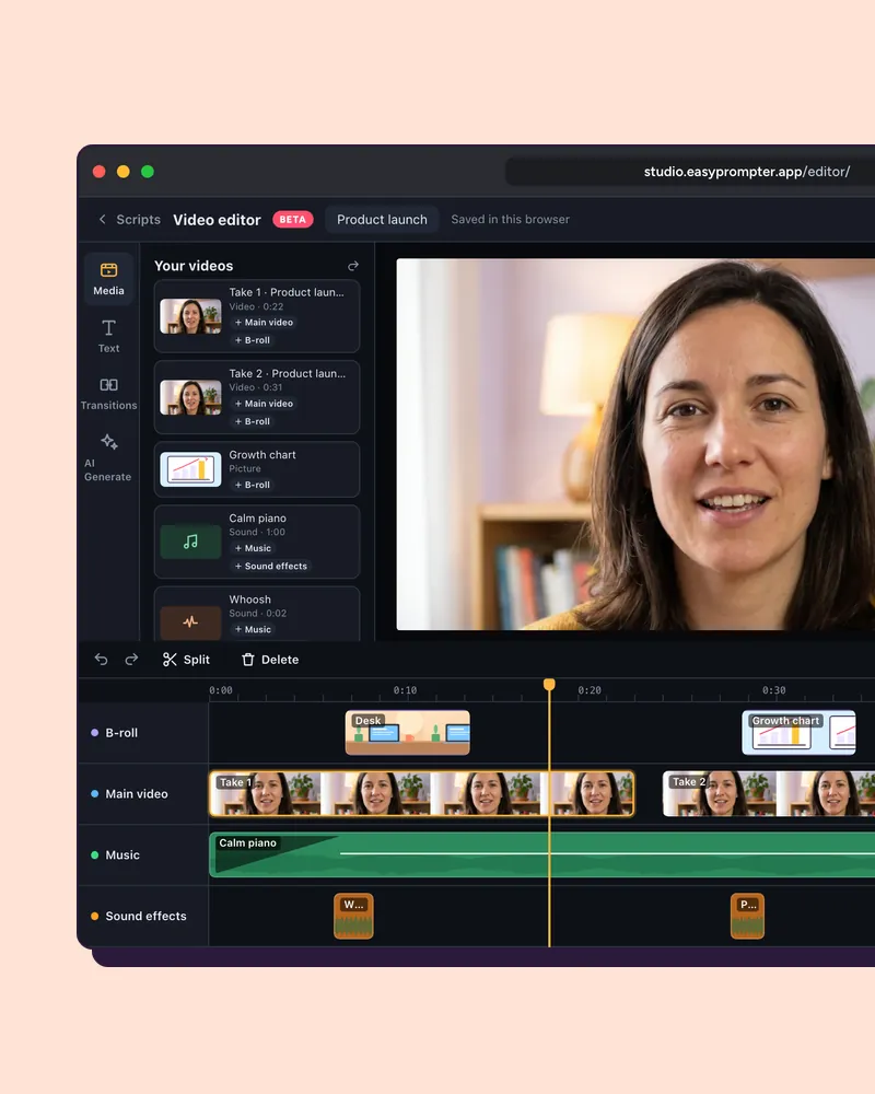 Edytor wideo EasyPrompter w przeglądarce: Your videos, ujęcie w odtwarzaczu i cztery ścieżki.