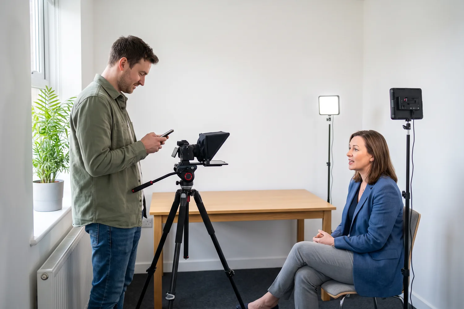 Ein freiberuflicher Videograf steuert den Prompter mit seinem Handy neben einer Kamera mit kleinem Tablet-Teleprompter, während seine Kundin in einem Büro in die Linse spricht.