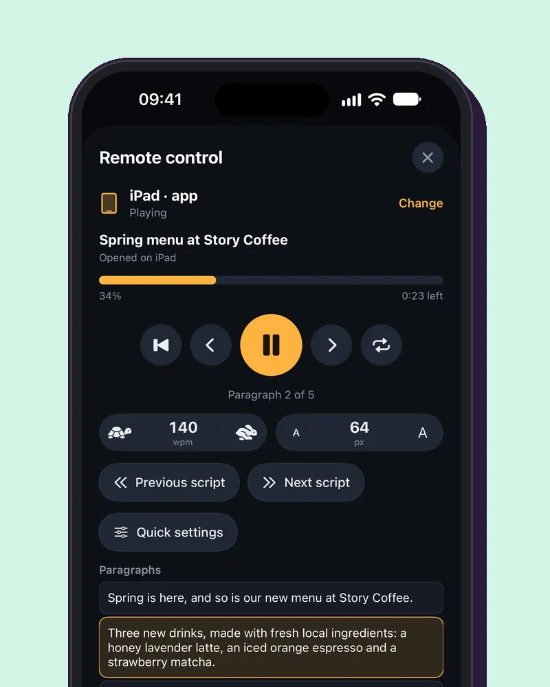 Pilot na iPhonie steruje prompterem na iPadzie: start i pauza, prędkość, rozmiar tekstu i akapity.