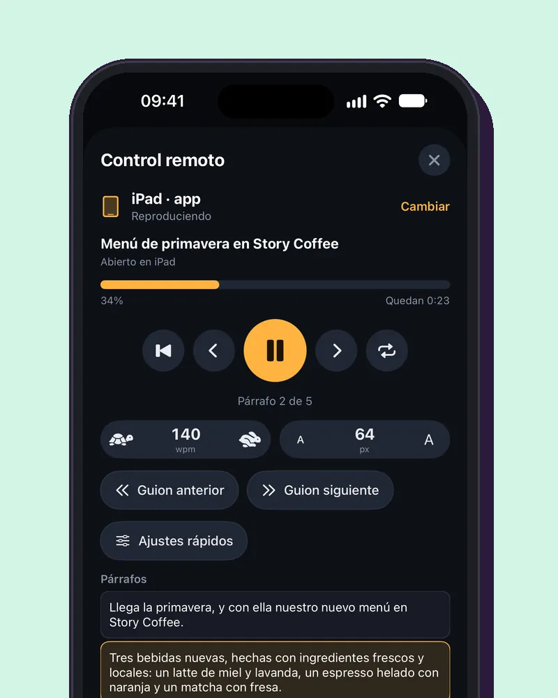 El control remoto en un iPhone maneja el teleprompter de un iPad: reproducir y pausar, la velocidad, el tamaño del texto y los párrafos.