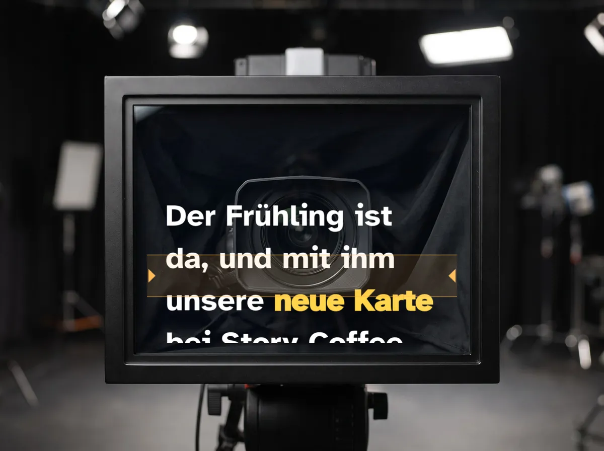 Der Blick der Person vor der Kamera in einen Studio-Teleprompter: Das Skript ist im Glas normal lesbar, das Kameraobjektiv sitzt direkt hinter der Leselinie.