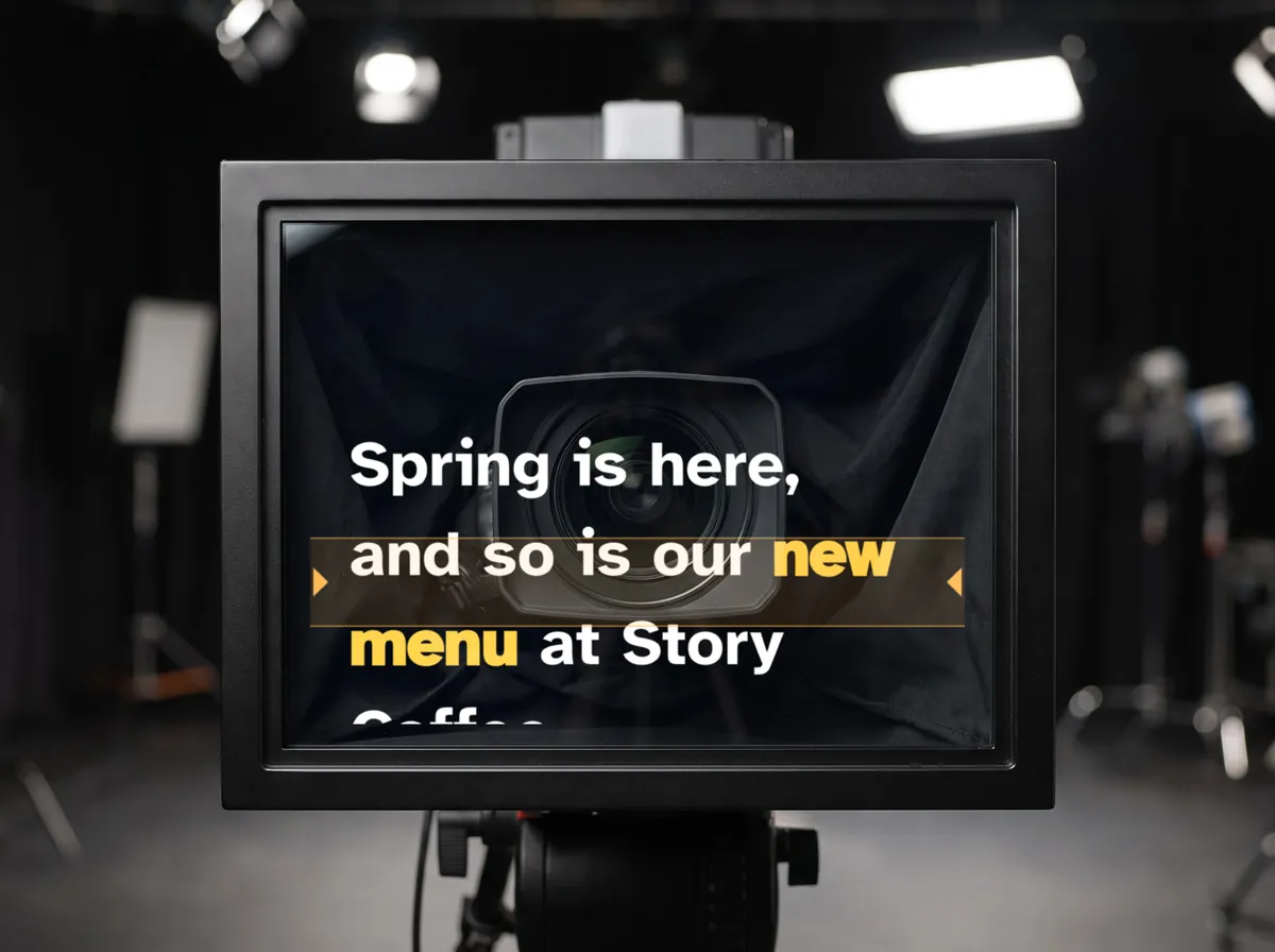The talent's view of a studio teleprompter: the script reads normally in the glass, with the camera lens right behind the reading line.