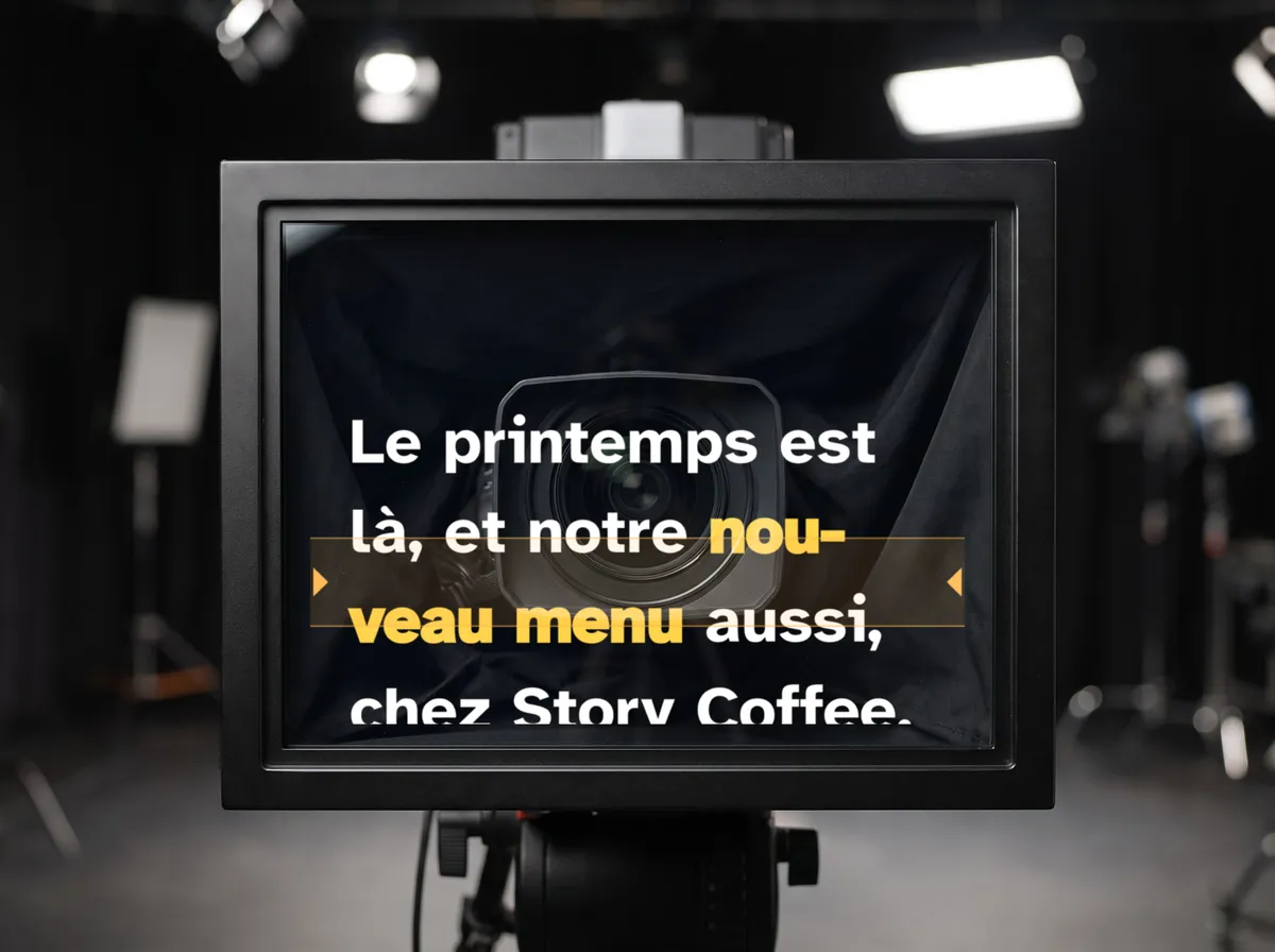 Ce que voit la personne à l'écran sur un prompteur de studio : le texte se lit normalement dans la vitre, avec l'objectif de la caméra juste derrière la ligne de lecture.