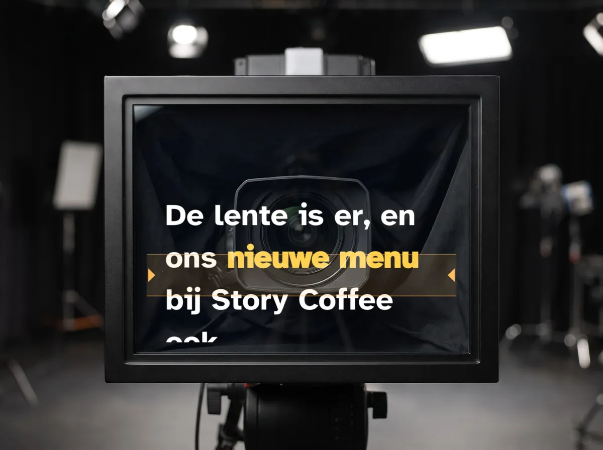 Wat de presentator ziet in een studioteleprompter: het script leest normaal in het glas, met de cameralens vlak achter de leeslijn.