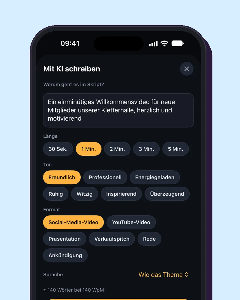 Mit KI schreiben auf einem iPhone: worum es im Skript geht, Länge, Ton und Format.