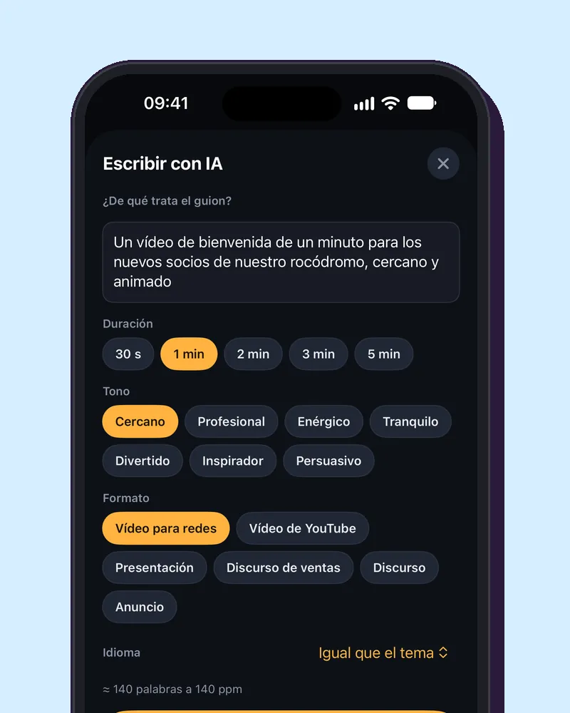 Escribir con IA en un iPhone: de qué trata el guion, la duración, el tono y el formato.