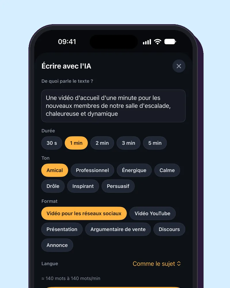 Écrire avec l'IA sur un iPhone : le sujet du texte, la durée, le ton et le format.