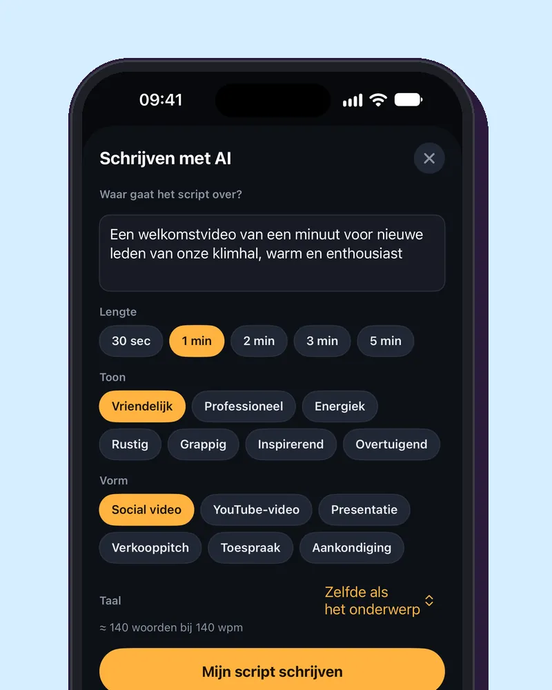Schrijven met AI op een iPhone: waar het script over gaat, de lengte, de toon en de vorm.