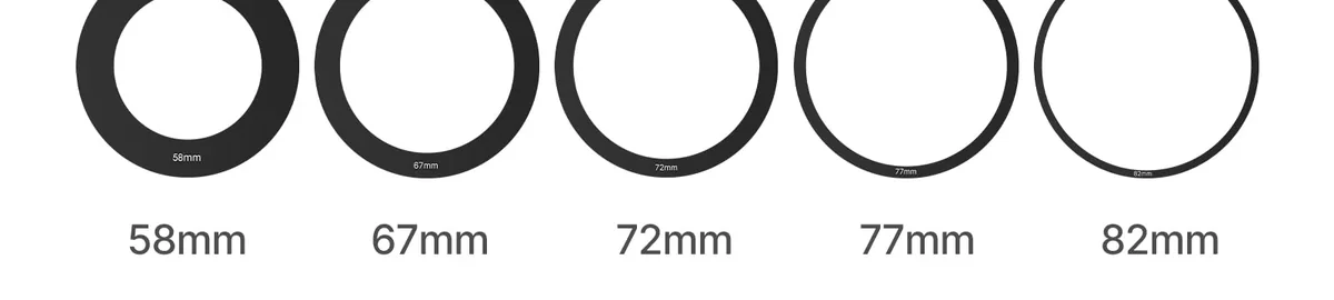 The five lens adapter rings: 58, 67, 72, 77 and 82 mm