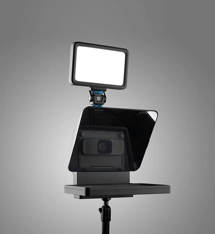 The Elgato Prompter with a webcam behind the glass and a light on top