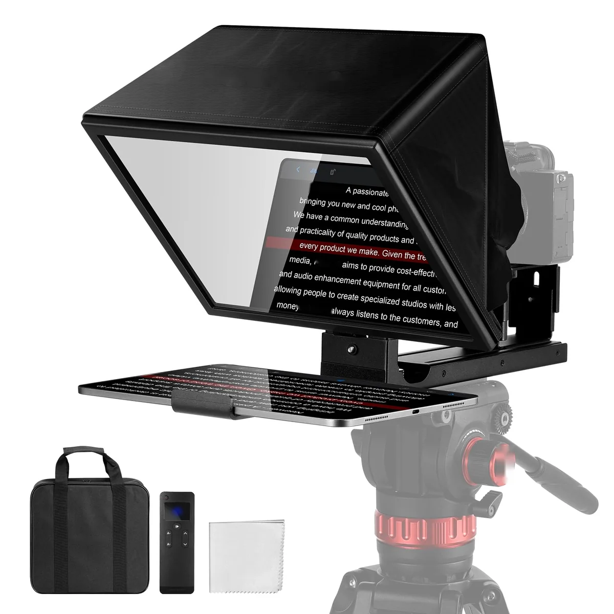The NEEWER X12B on a camera, with a tablet below the glass, its carry case, remote and cloth